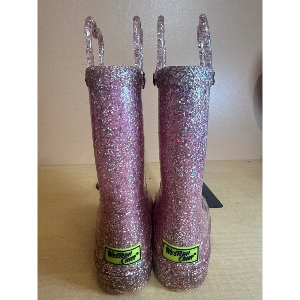 Western Chief Kids Pink Glitter Waterproof Rain Boots Heart Handles Size 10